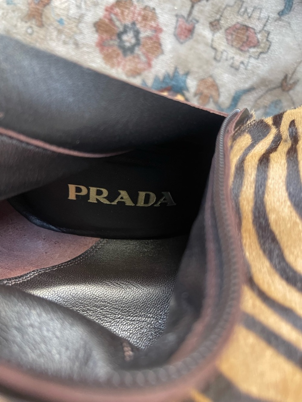 Prada Brown and Black Zebra-Print Knee High Pony Hair Platform Boots - Picture 10 of 13